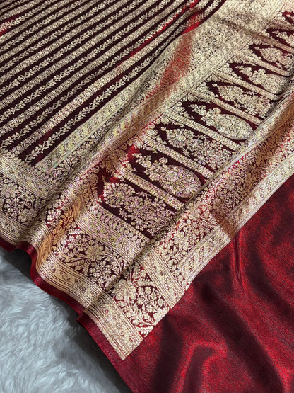 Maroon Shades Stripe Pattern Banarasi Satin Silk Saree SS46