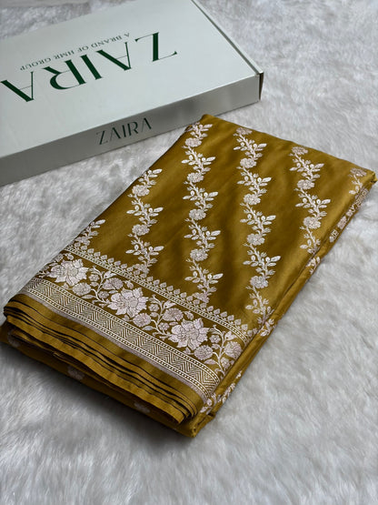 Dusty Mustard Shades Banarasi Cross Jaal Mashru Silk Saree MS18