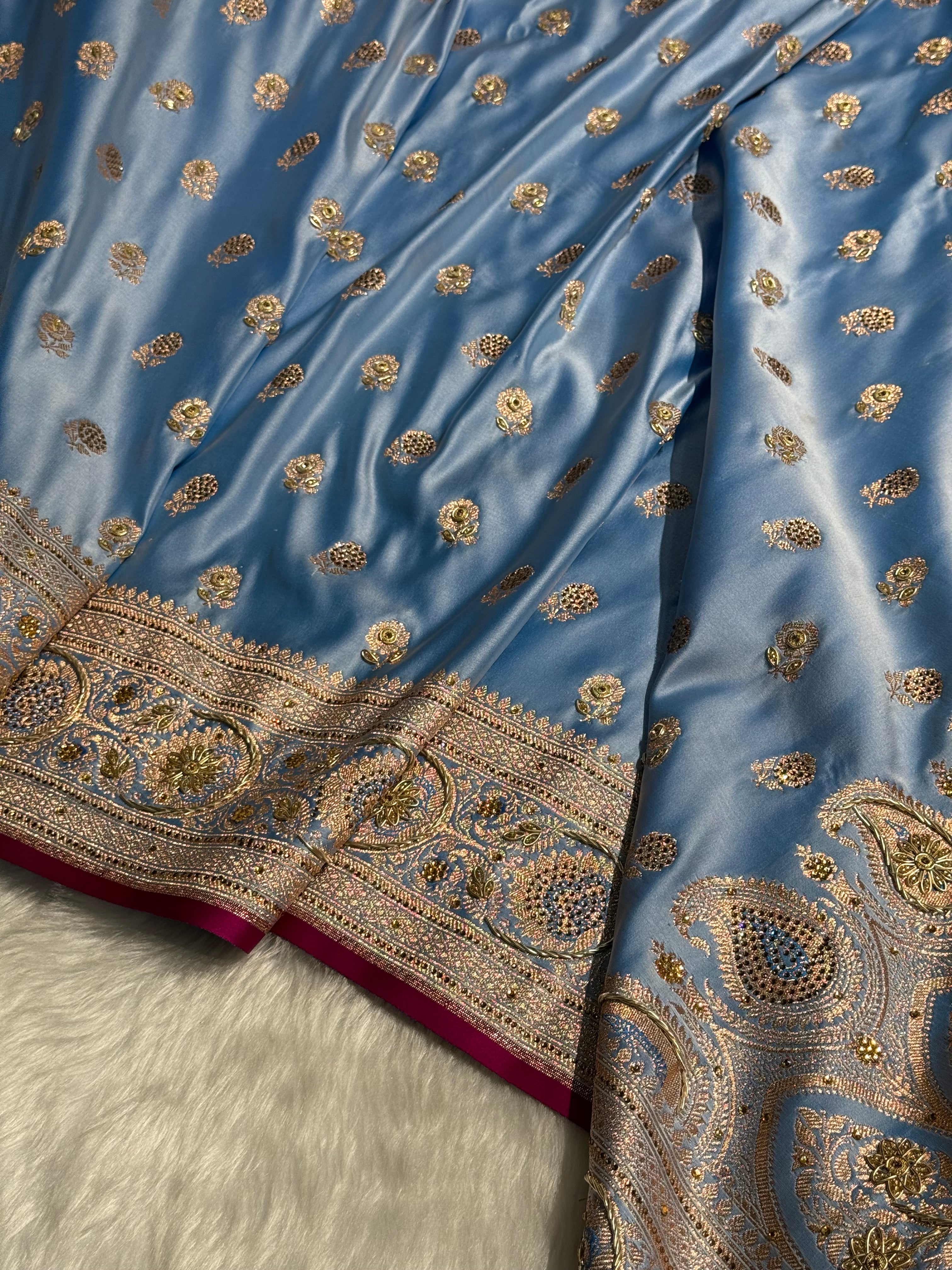 Powder Blue Shades Booti Katan Silk Saree with Stone & Zardozi Work BSK12