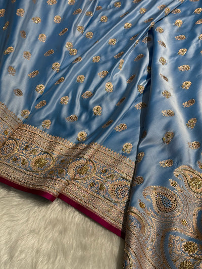 Powder Blue Shades Booti Katan Silk Saree with Stone & Zardozi Work BSK12