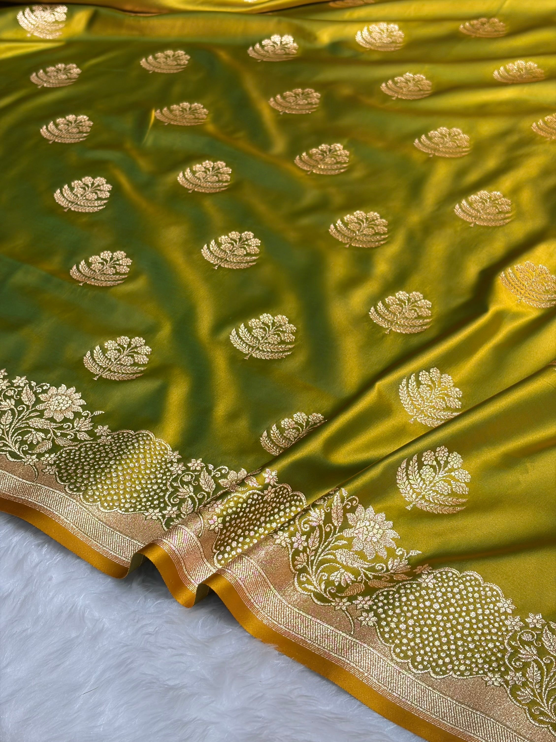 Mehendi Green Unique Boota Pattern Satin Katan Silk Saree SK70