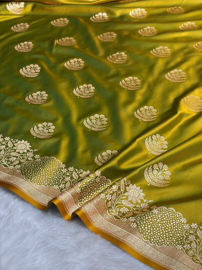 Mehendi Green Unique Boota Pattern Satin Katan Silk Saree SK70