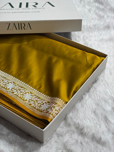 Mehndi Shades Plain Banarasi With Minakari Floral Border Mashru Silk Saree MSM-123