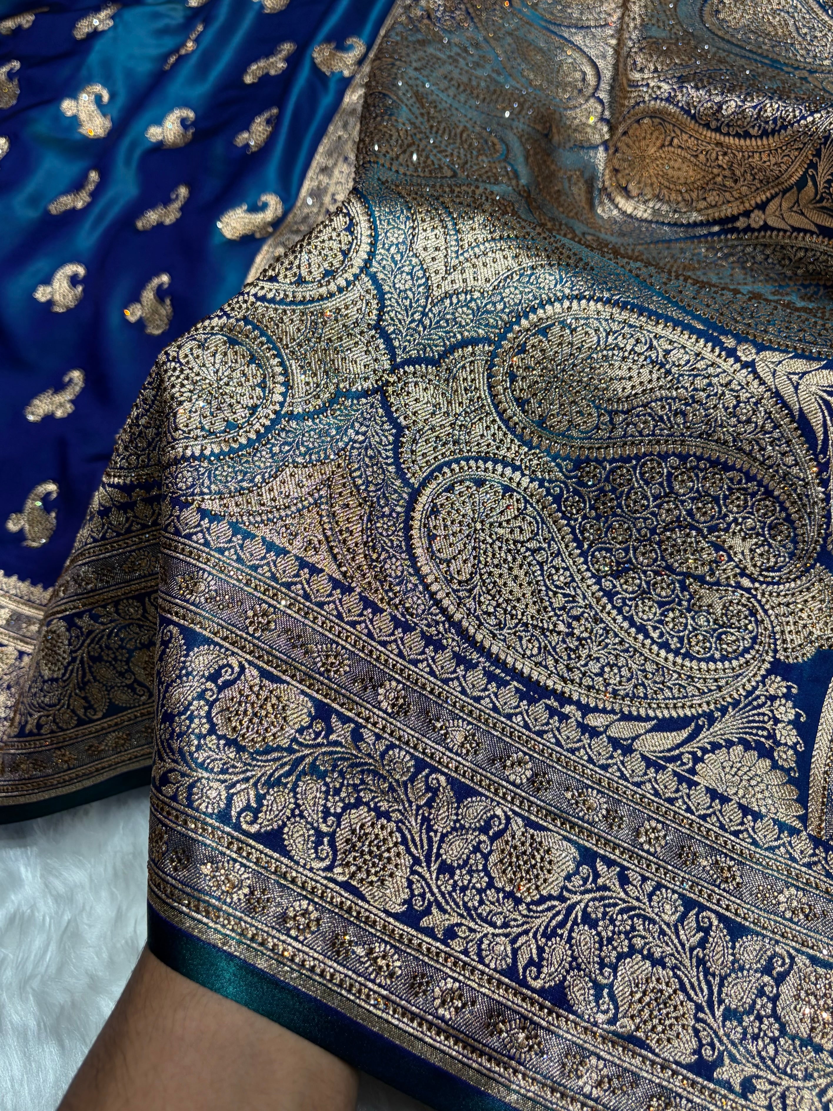 Satin Silk Saree Swarovski Work Floral Boota in Peacock Shades BSS27