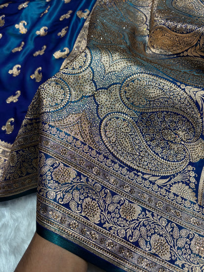 Satin Silk Saree Swarovski Work Floral Boota in Peacock Shades BSS27