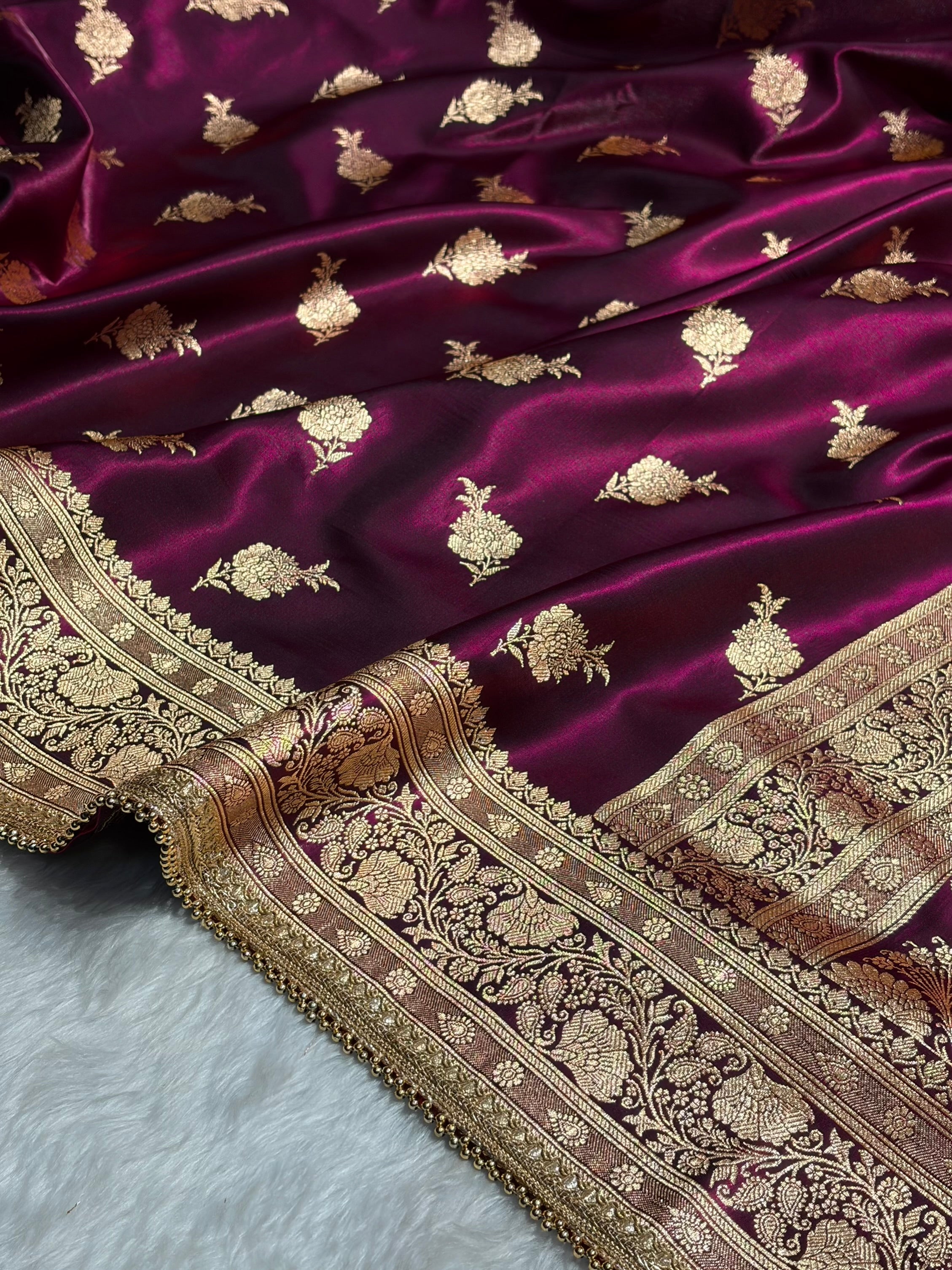 Banarasi Satin Silk Saree With Gotta Patti Floral Boota in Wine Shades SSGP26