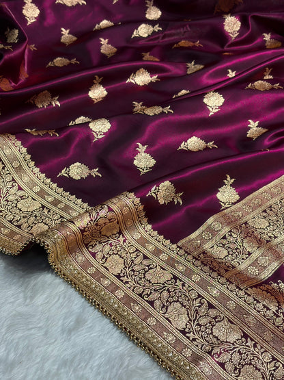 Banarasi Satin Silk Saree With Gotta Patti Floral Boota in Wine Shades SSGP26