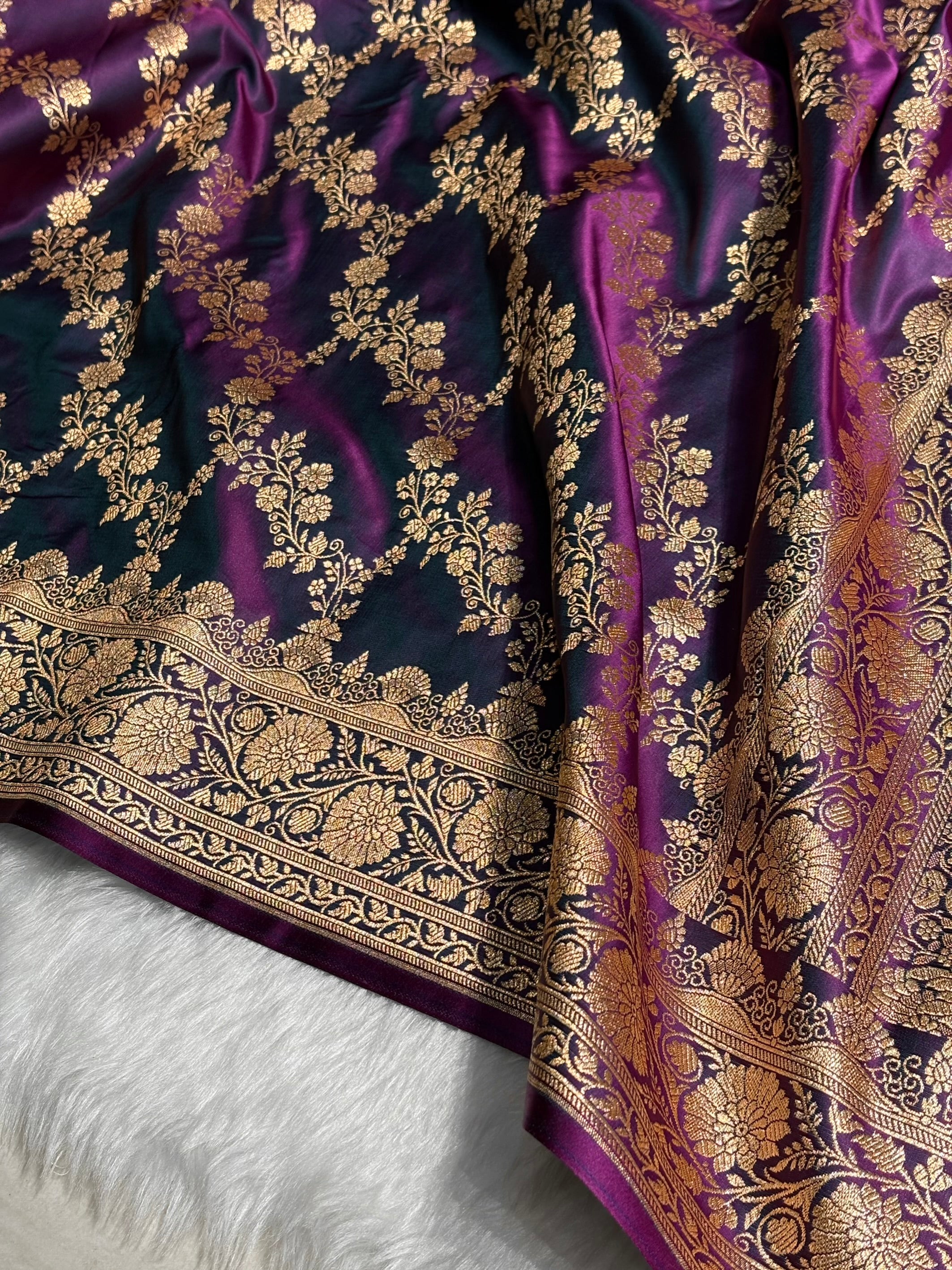 Purple Floral Jaal Pattern Satin Katan Silk Saree SK43