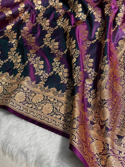 Purple Floral Jaal Pattern Satin Katan Silk Saree SK43