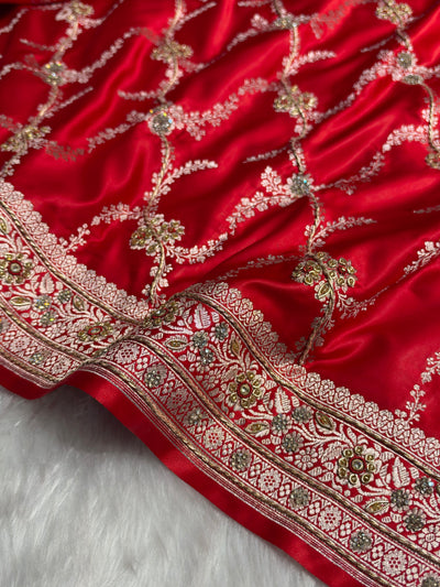 Bridal Red Shades Banarasi Jaal With Zardozi Work Mashru Silk Saree BMSM-127