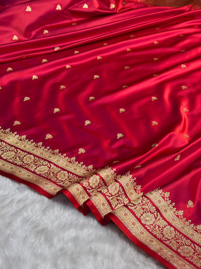 Magentic Red Booti Pattern Satin Katan Silk Saree SK66