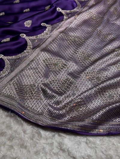 Purple Shades Scallop With Swarovski Work Mashru Silk Saree BMCS20