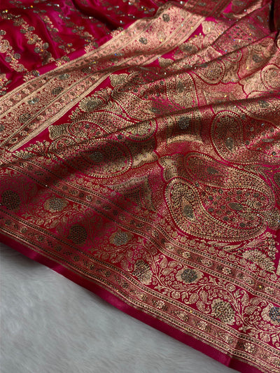 Rani Shades Swarovski Work Cross Pattern Satin Silk Saree BSS51