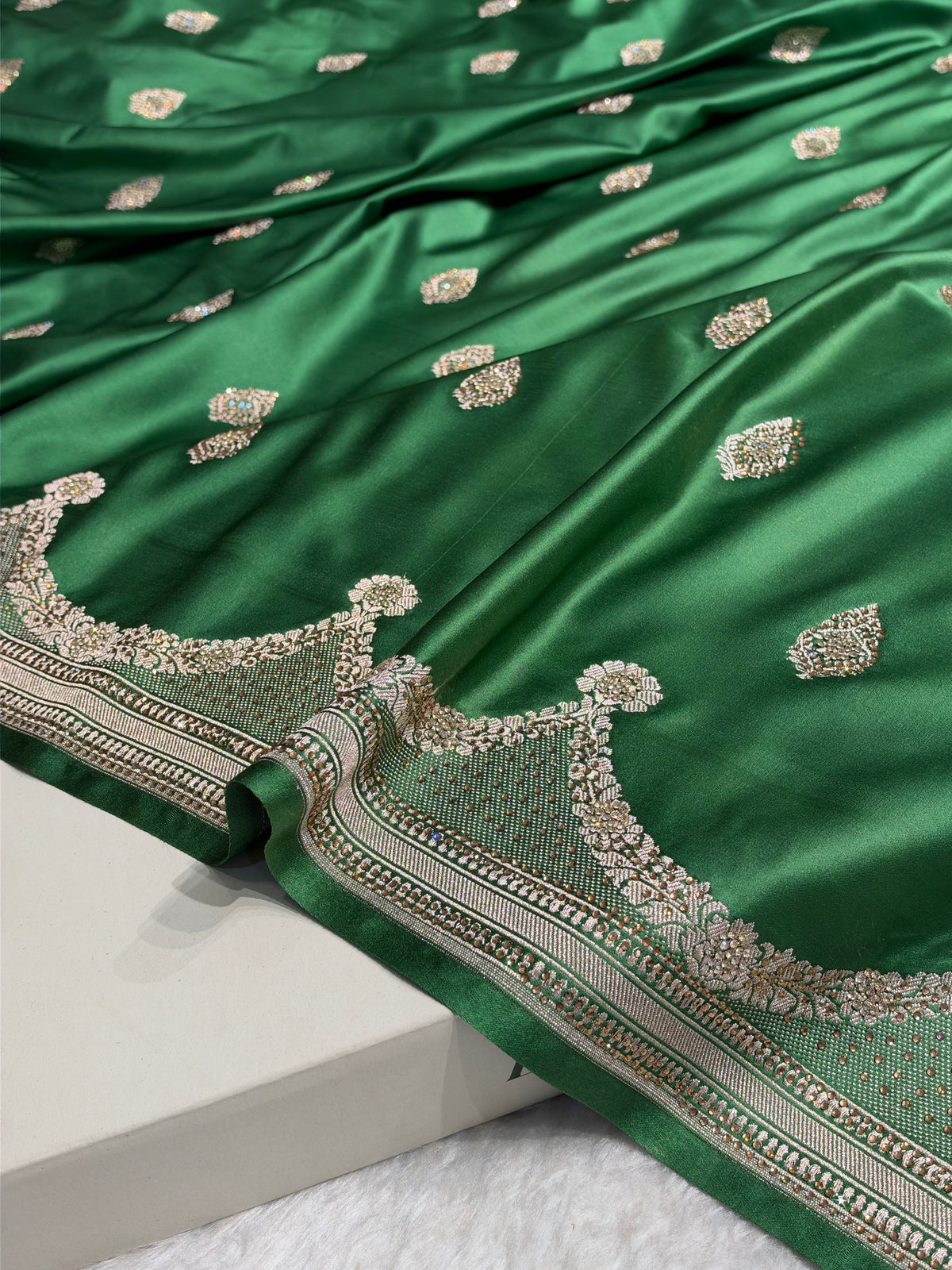 Bottle Green Shades Scallop With Swarovski Work Mashru Silk Saree BMCS20
