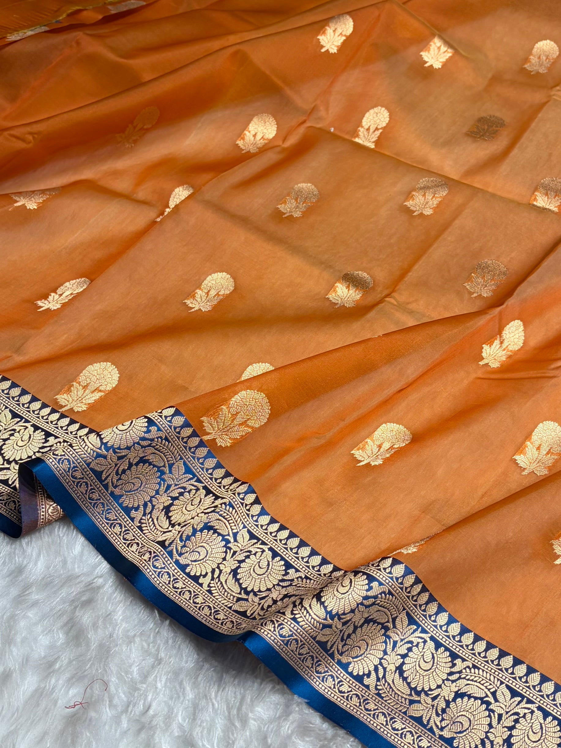 Contrast Banarasi Pure Organza Orange With Royal Blue Floral Banarasi Silk Saree PO-09