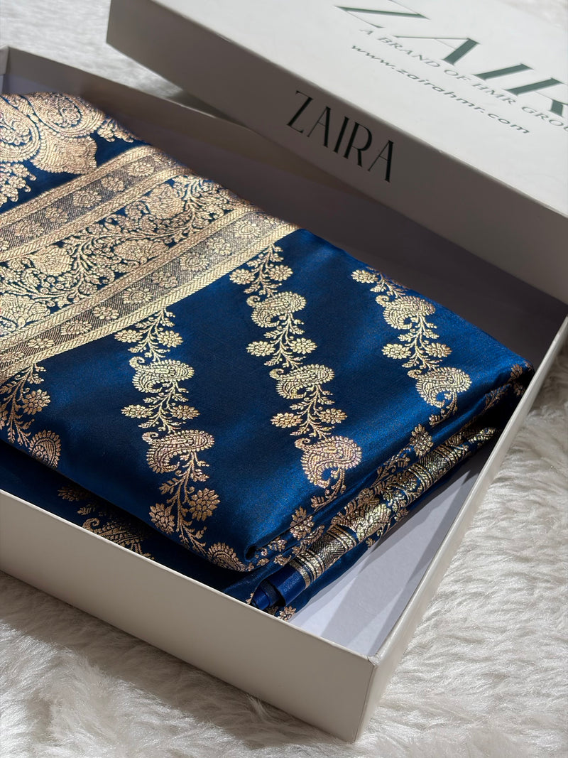 Banarasi German Blue Shades Cross Pattern Banarasi Satin Silk Saree SS51