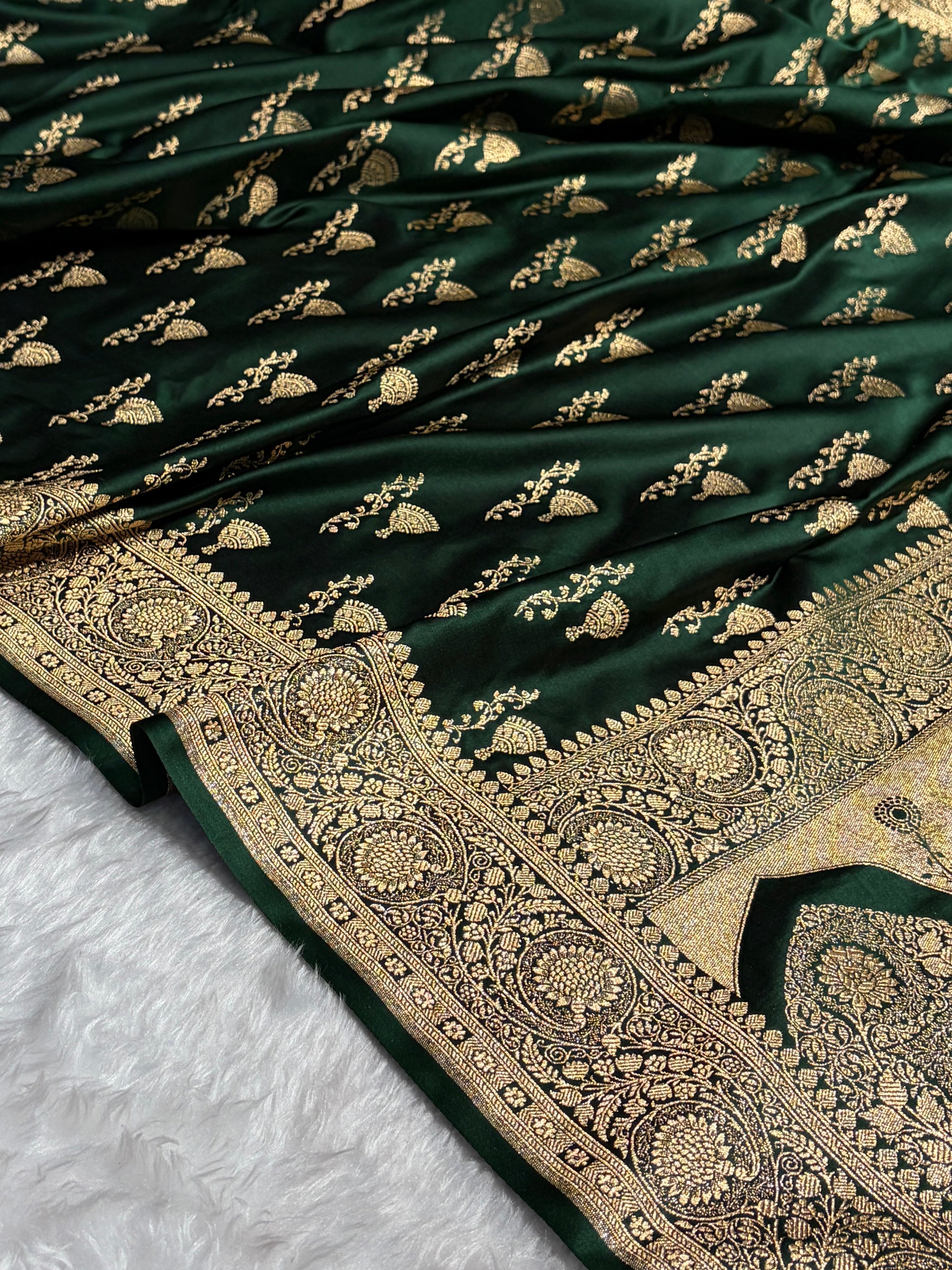 Banarasi Satin Katan Saree With Boota in Bottle Green Shades SK100