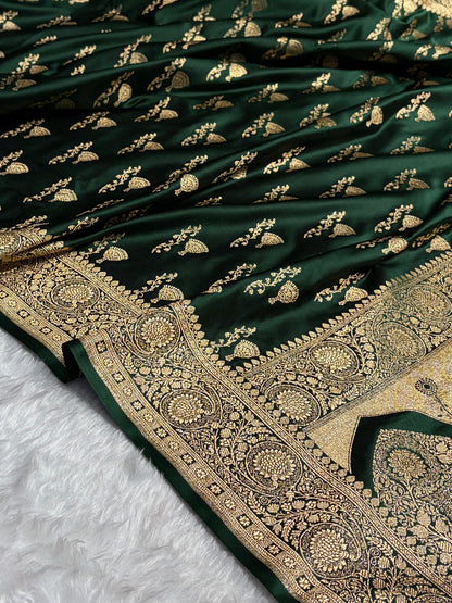 Banarasi Satin Katan Saree With Boota in Bottle Green Shades SK100