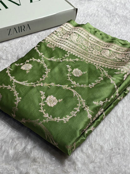 Banarasi Pista Green Shades Jaal Mashru Silk Saree