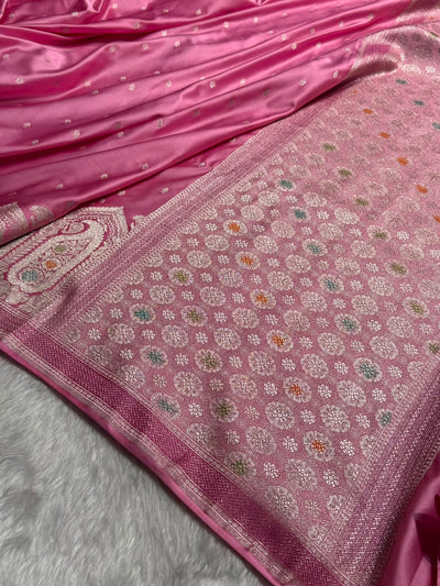 Banarasi Skirt Border Pattern in Baby Pink Shades Floral Mashru Silk Saree MCS95