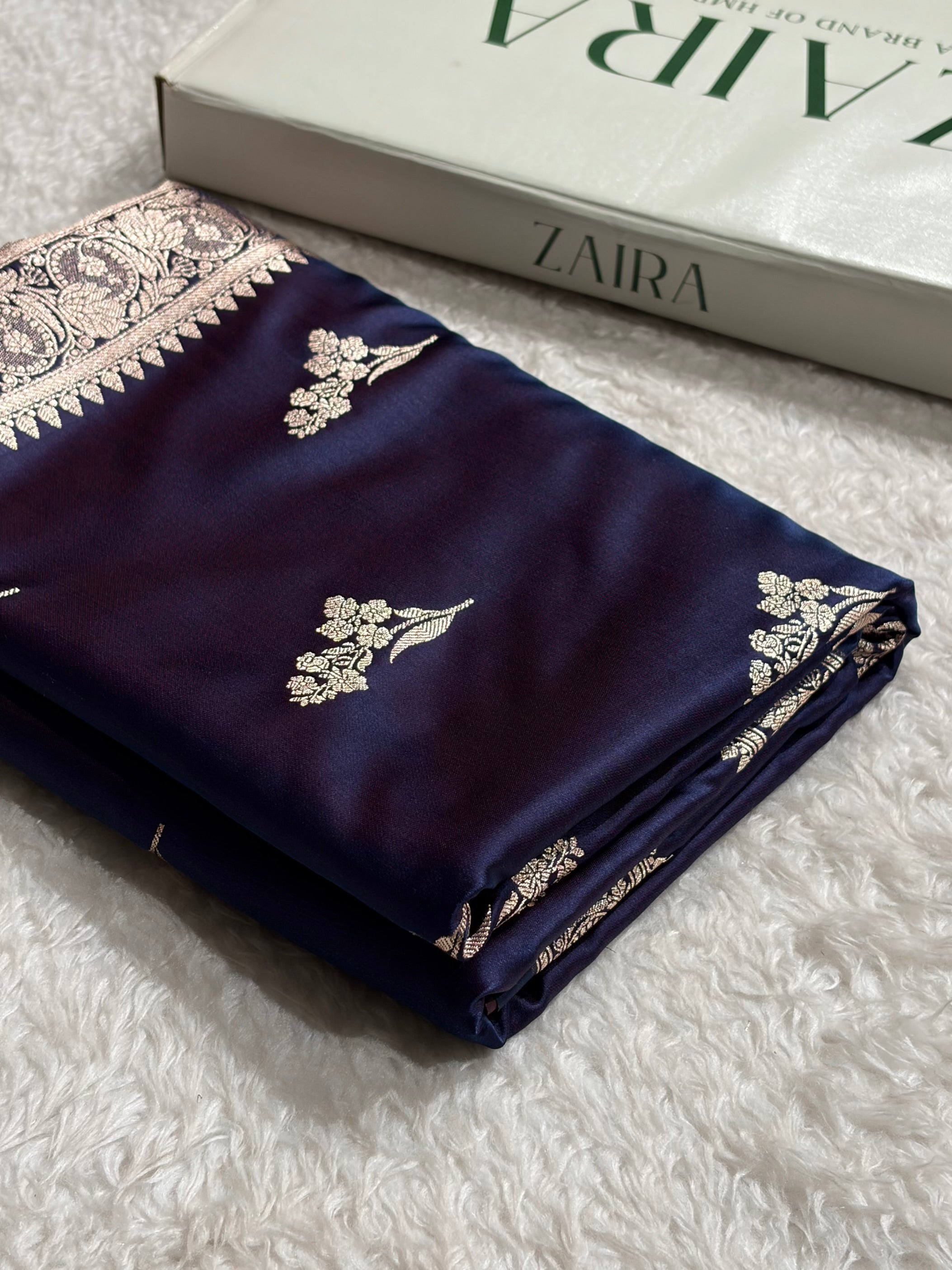 Cross Navy Boota With Floral Border Mashru Silk Saree MSM-97