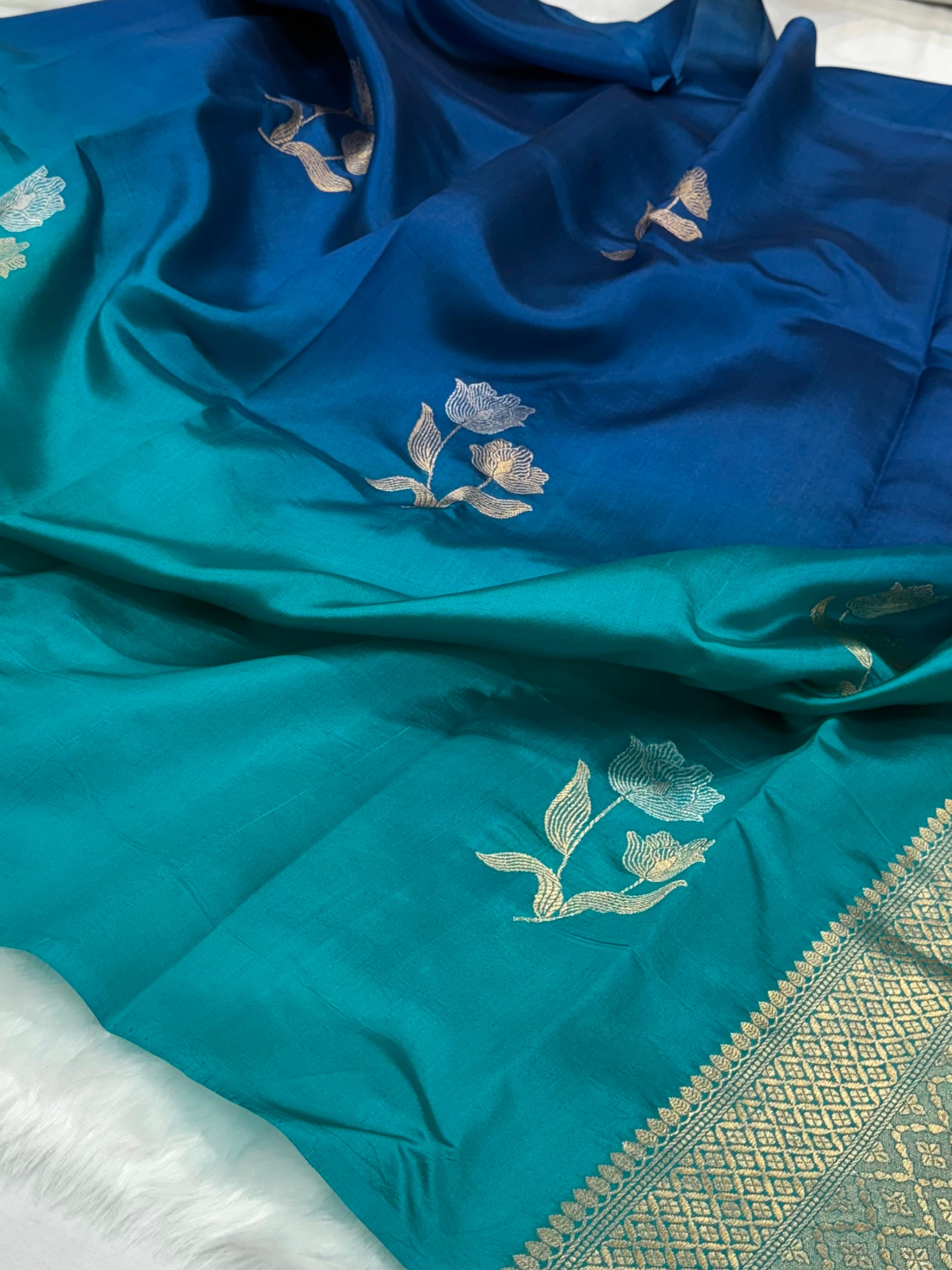 Royal Blue Ombré - Peacock Shades Meena Boota Handwoven Raw Mango Silk RM-35