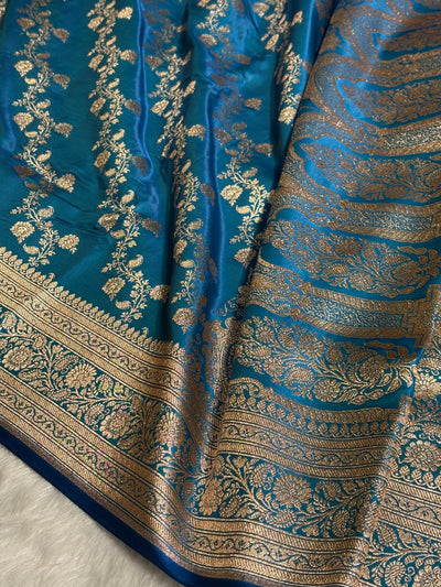 Firozi Shades Banarasi  Cross Jaal Satin Silk Saree SS11