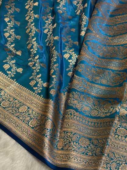 Firozi Shades Banarasi  Cross Jaal Satin Silk Saree SS11