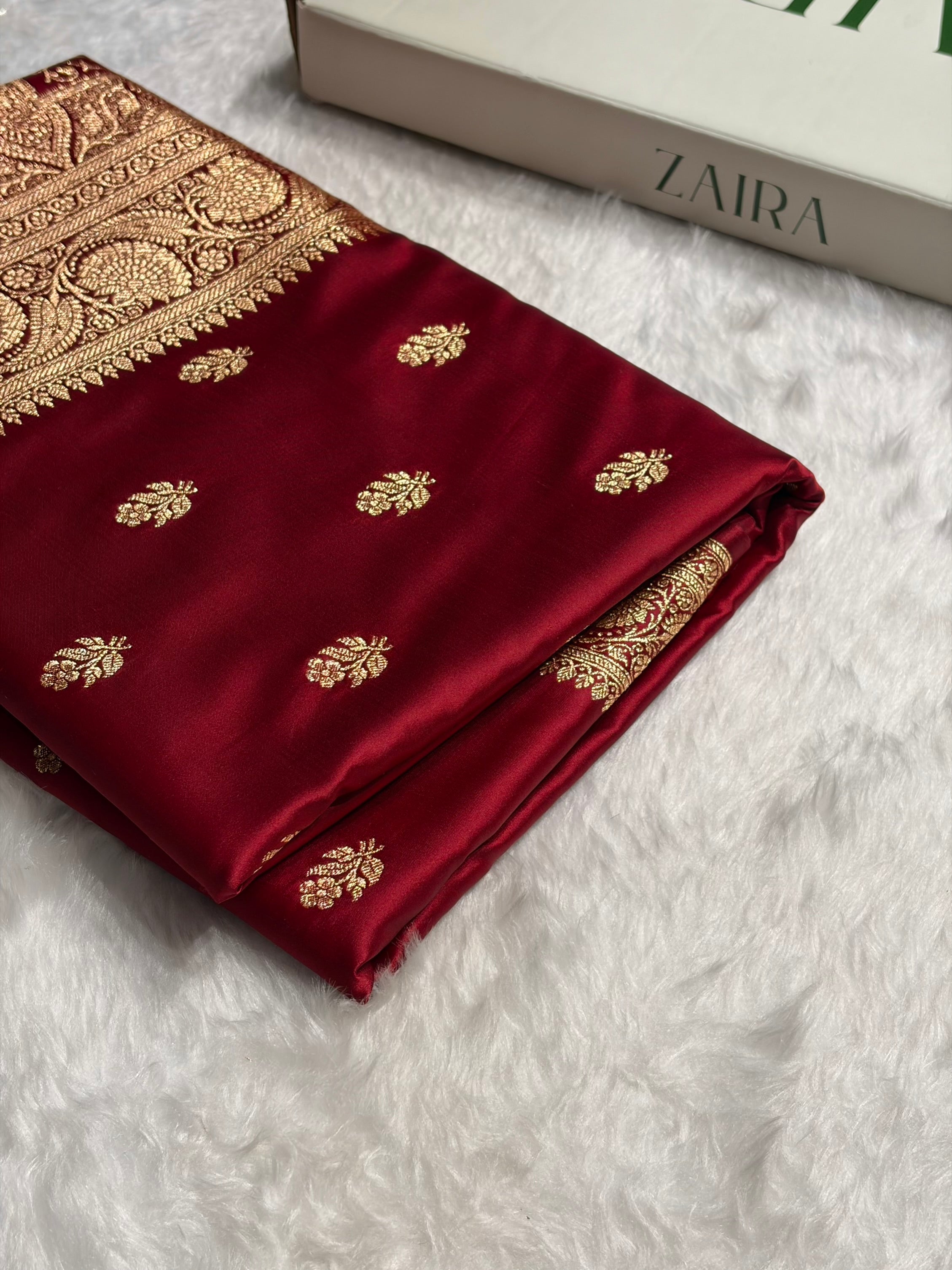 Maroon Floral Boota Pattern Satin Katan Silk Saree SK71