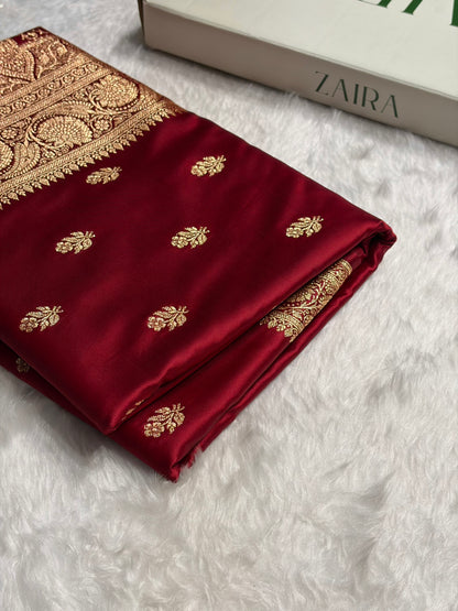 Maroon Floral Boota Pattern Satin Katan Silk Saree SK71