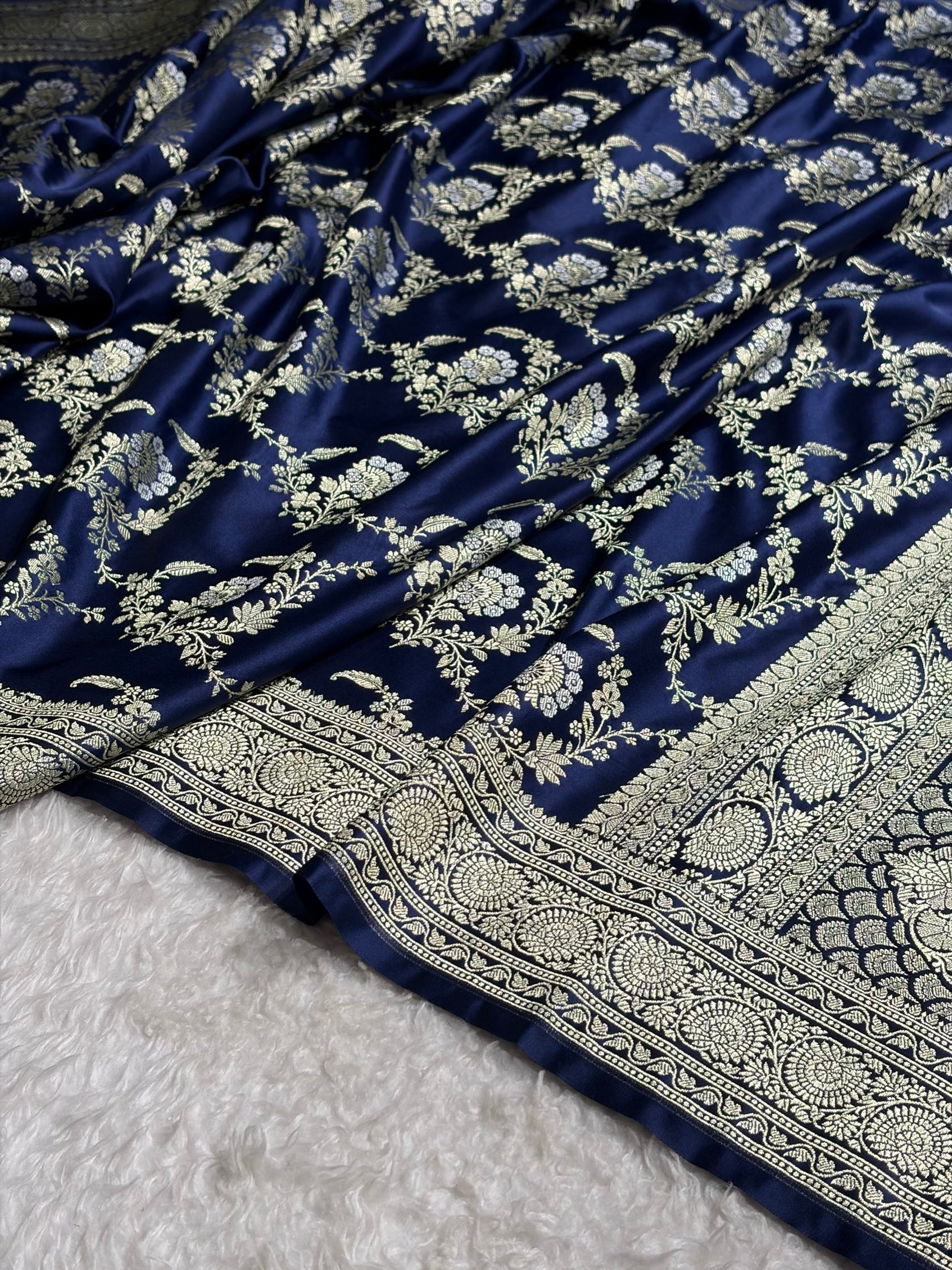 Banarasi Satin Katan Saree With Minakari Jaal Pattern in German Blue Shades SK126