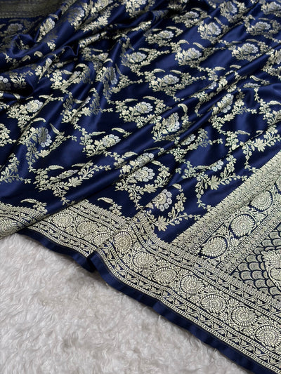 Banarasi Satin Katan Saree With Minakari Jaal Pattern in German Blue Shades SK126