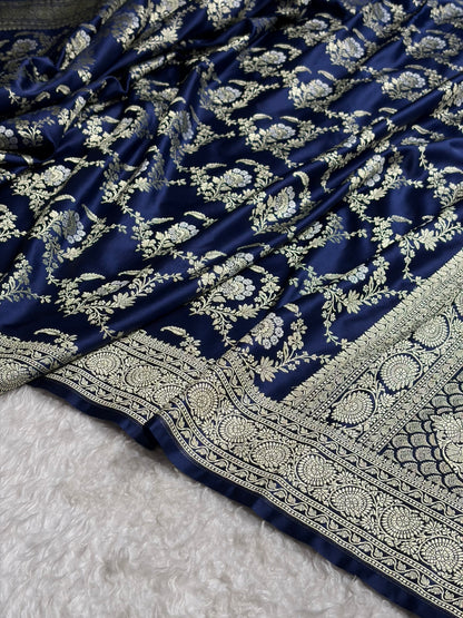 Banarasi Satin Katan Saree With Minakari Jaal Pattern in German Blue Shades SK126