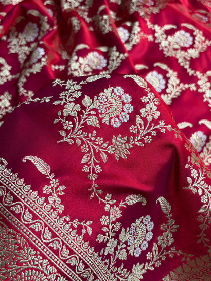 Banarasi Satin Katan Saree With Minakari Jaal Pattern in Cross Red Shades SK126