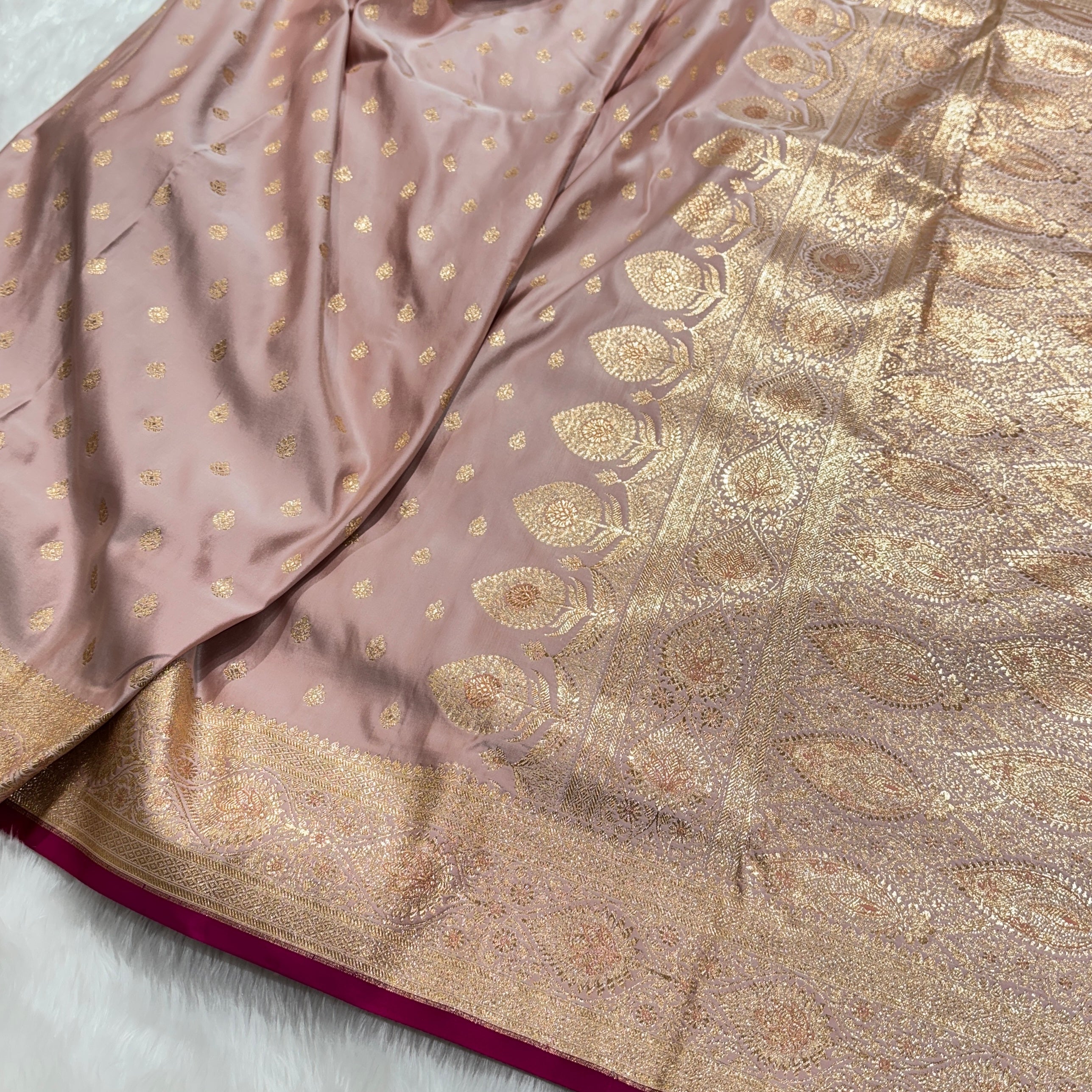 Peach booti Satin katan Silk Saree