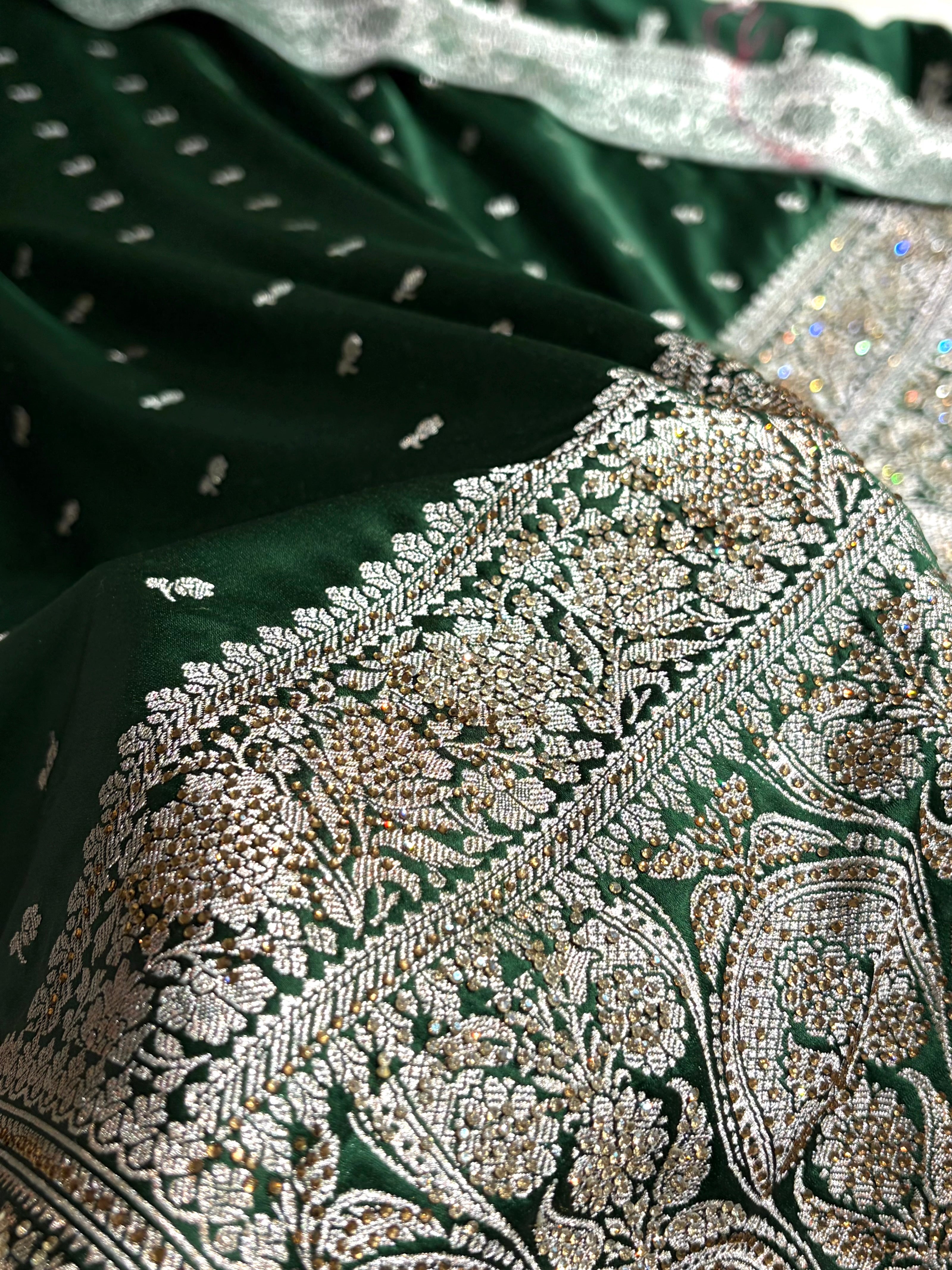 Beautiful Bottle Green Booti with Swarovski Work Mashru Silk Saree BMS09