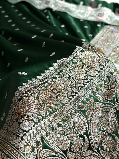 Beautiful Bottle Green Booti with Swarovski Work Mashru Silk Saree BMS09