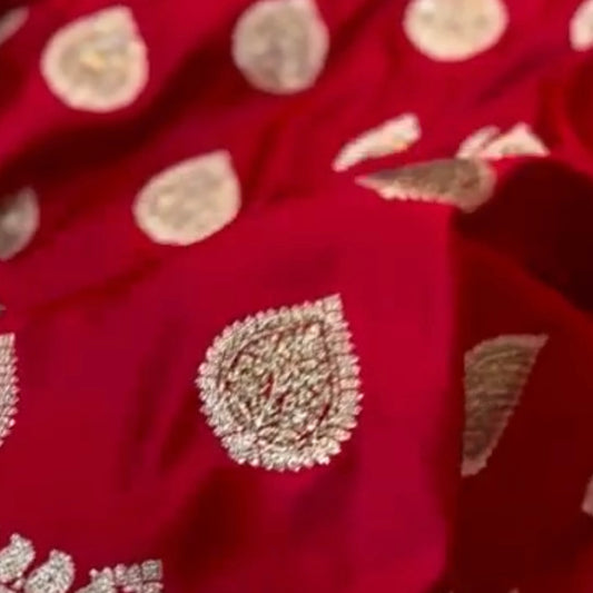 Red Boota Satin Katan Silk Saree with Swarovski Work.