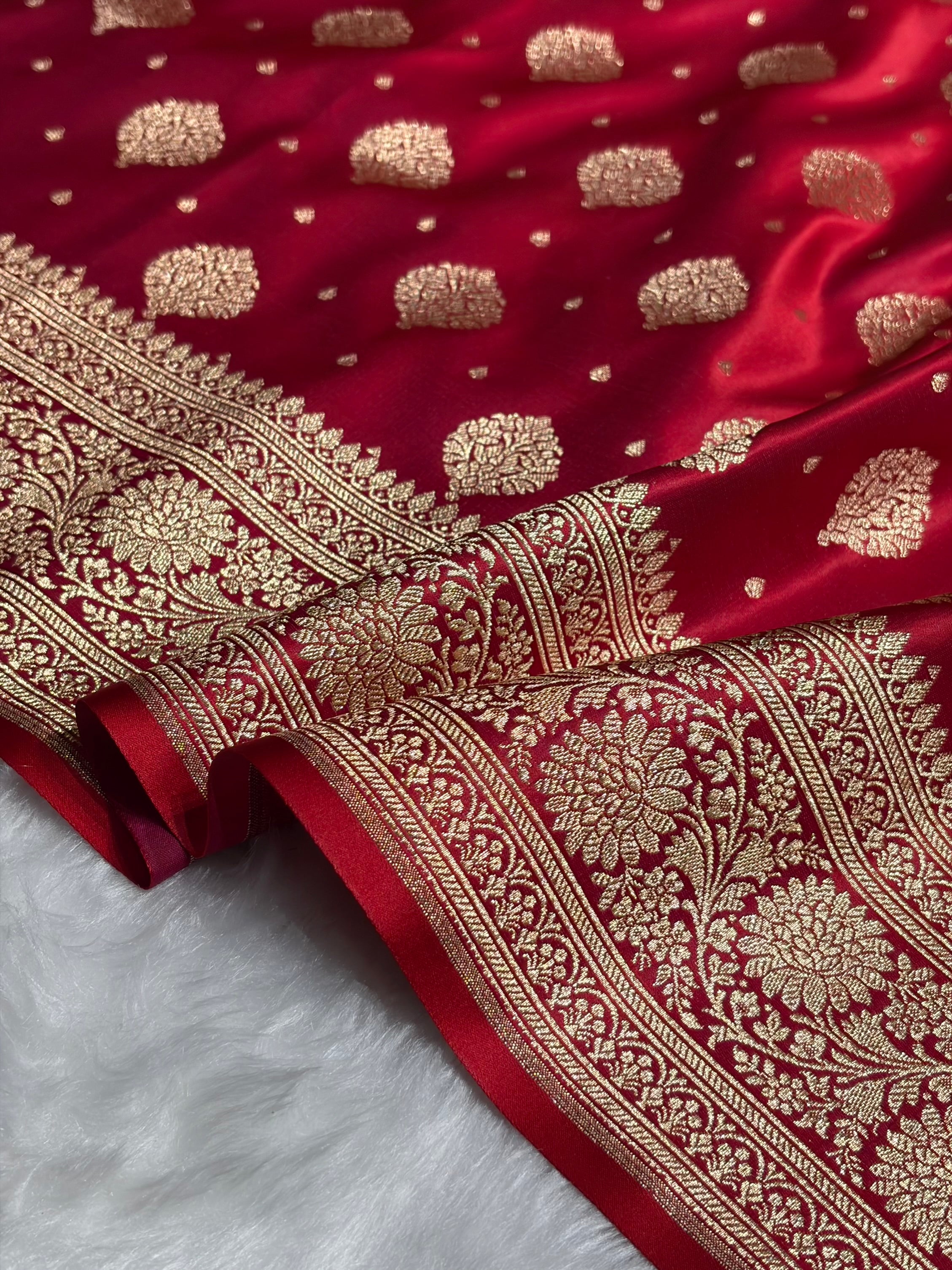 Red Unique Boota Pattern Satin Katan Silk Saree SK69
