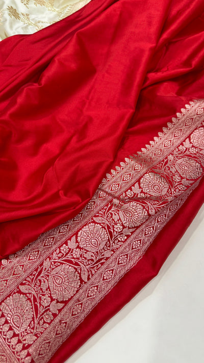 White - Red Border Banarasi Jaal Mashru Silk Saree MS23
