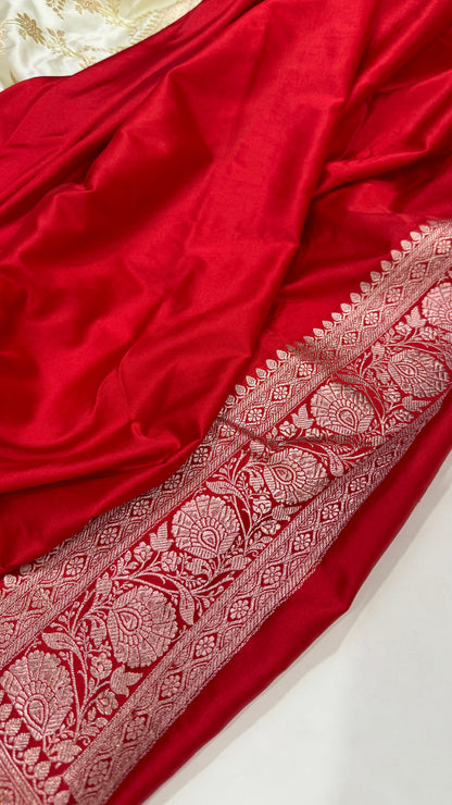 White - Red Border Banarasi Jaal Mashru Silk Saree