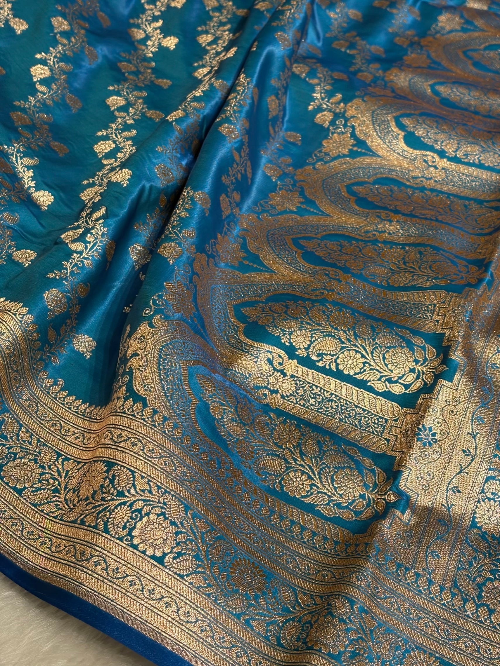 Firozi Shades Banarasi  Cross Jaal Satin Silk Saree SS11