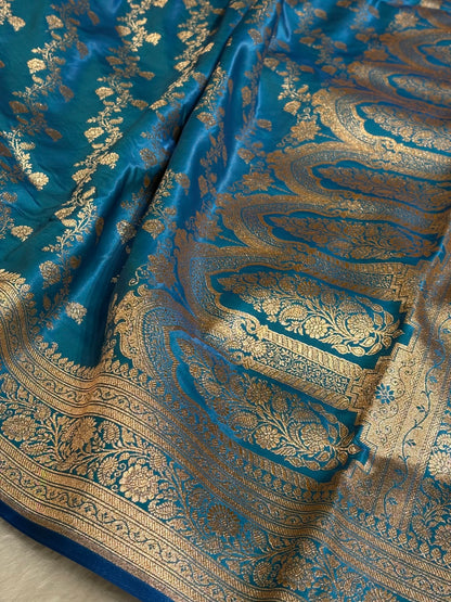 Firozi Shades Banarasi  Cross Jaal Satin Silk Saree SS11