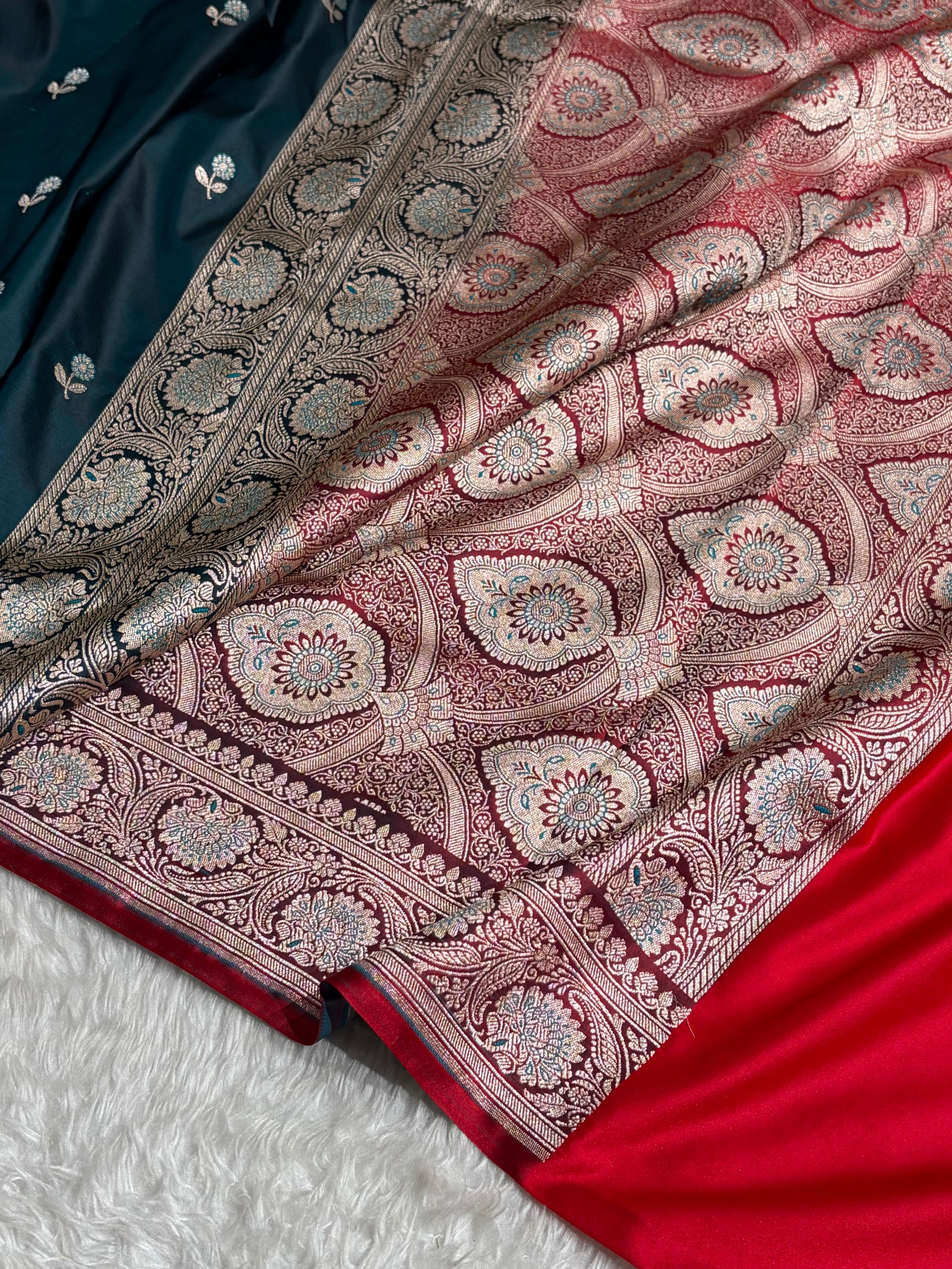 Dark Rama / Red Shades Banarasi Booti Pattern Mashru Silk Saree MSM-137