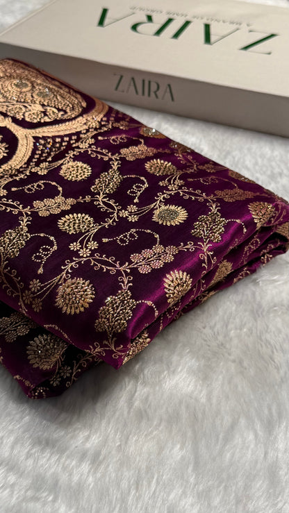 Banarasi Wine Satin Silk Jaal with Swavroski Work BSS17