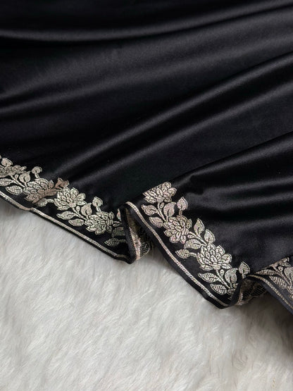 Black With Floral Border Mashru Silk Saree MS80