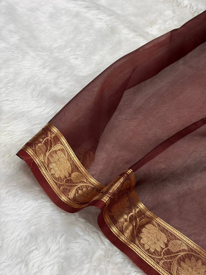 Pure Banarasi Organza Chocolate Shades Floral Banarasi Silk Saree PO-21