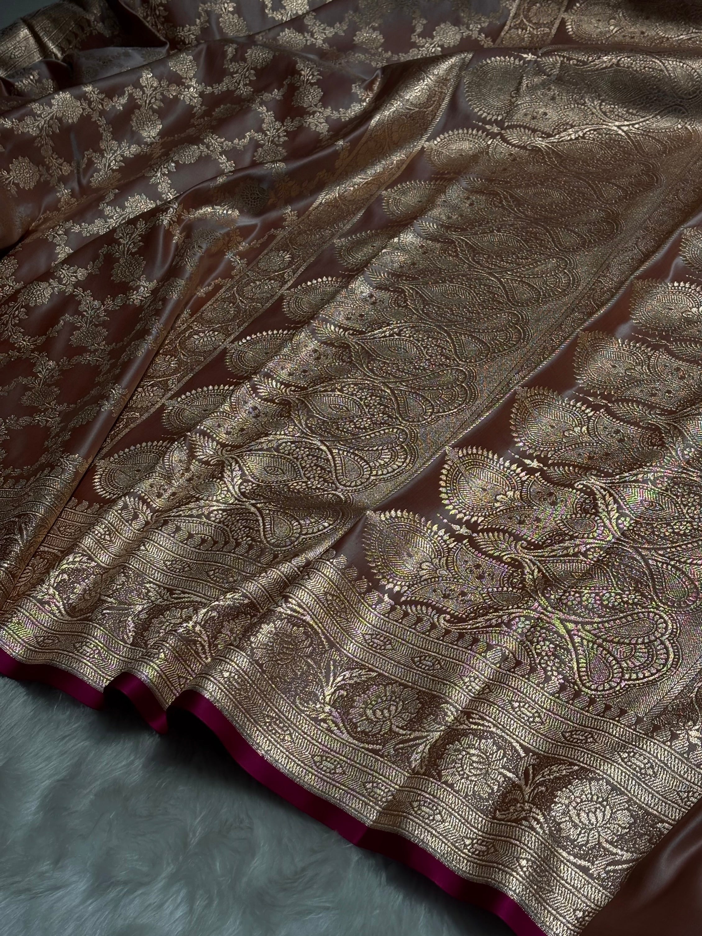 Dusty Peach Jaal Pattern Satin Katan Silk Saree SK25