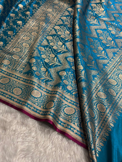Firozi Shades Jaal Pattern Banarasi Satin Silk Saree SS55