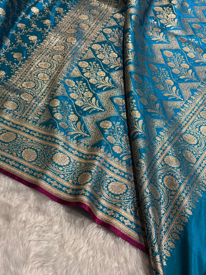 Firozi Shades Jaal Pattern Banarasi Satin Silk Saree SS55